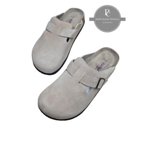 BEIGE BUCKLE SUEDE CLOG MULES